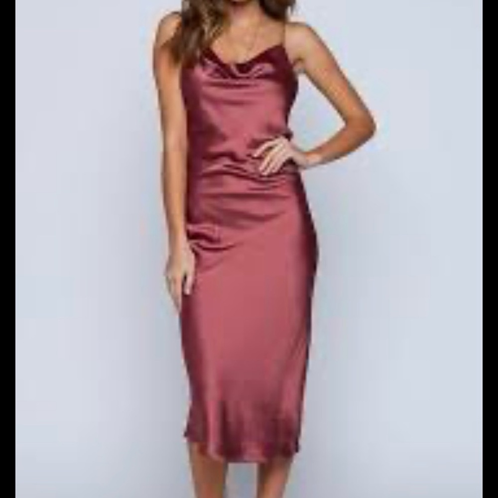 Skylar Rose Elegant Midi Satin Cowl Neck Slip Dress in Mauve Womens Size XL